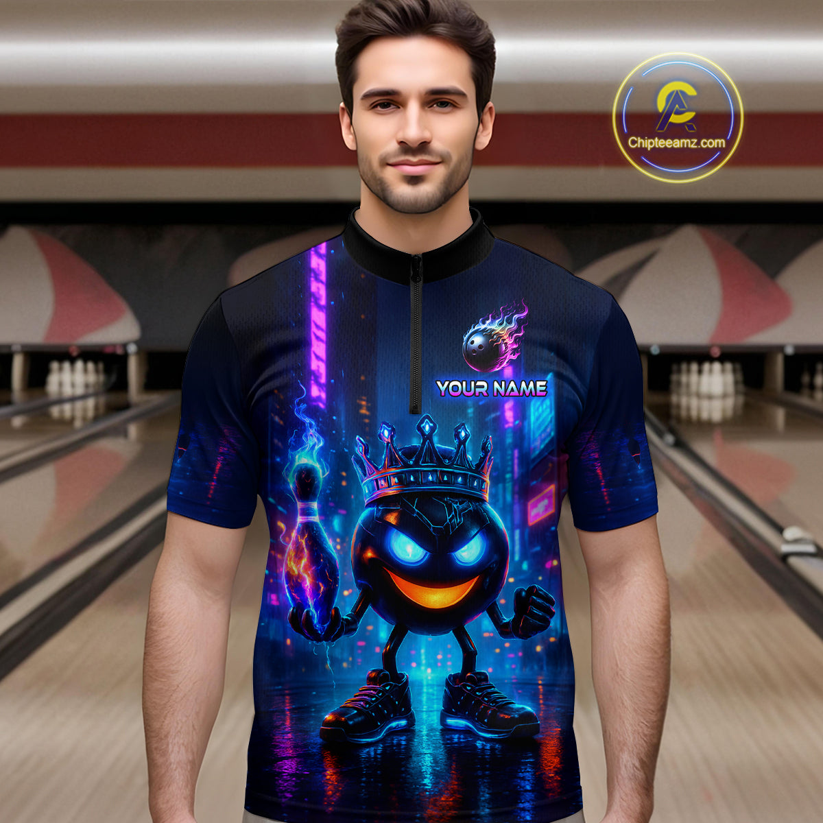 Custom Neon Lightning Bowling Shirt Funny Men Bowling Team Jersey Polo & 1/4-Zip Bowling Outfit QZT740