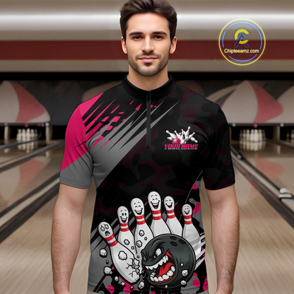 Custom Pink Funny Bowling Shirt Crazy Bowling Jersey Men Polo & 1/4 Zip Bowling Outfit QZT785