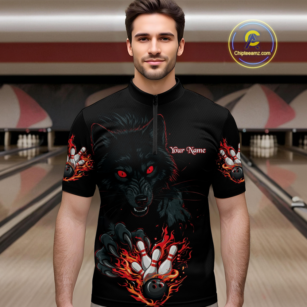 Custom Flame Wolf  Bowling Jersey for Men Bowling Uniform Polo & 1/4 Zip Bowling Team Shirts HNT144