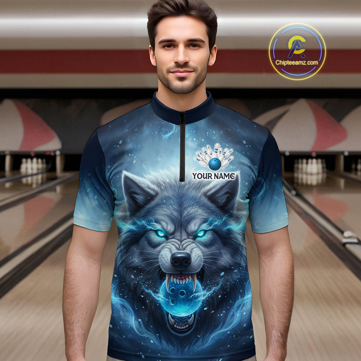 Blue Wolf Bowling Shirts Team Women Men Custom Bowling Jersey Bowl Polo&1/4 Zip MBL239