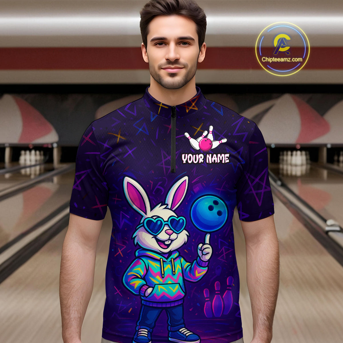 Custom Neon Funny Bunny Bowling Team Shirt Polo & 1/4 Zip Bowling Jersey for Men QZT789