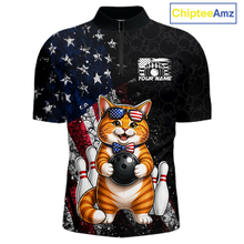 Load image into Gallery viewer, Men quarter zip with a cat bowling design on an American flag background, featuring the brand 'Chiptee Amz'.