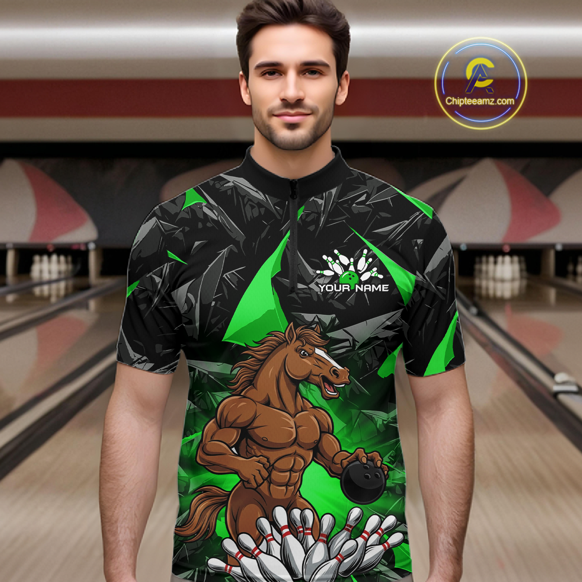 Custom Green Funny Horse Bowling Jersey for Men Bowling Team Shirts Bowling League Polo & 1/4 Zip HNT183