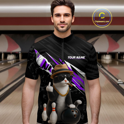 Custom Purple Funny Cat Bowling Jersey for Men Bowling Shirt Polo & 1/4 Zip Bowling Team Shirts HNT136