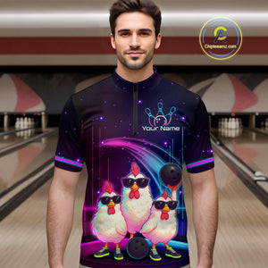 Neon Funny Family of Three Chicken Bowling Team Shirt for Men Bowling League Jersey Outfit Polo & 1/4-Zip QZT761