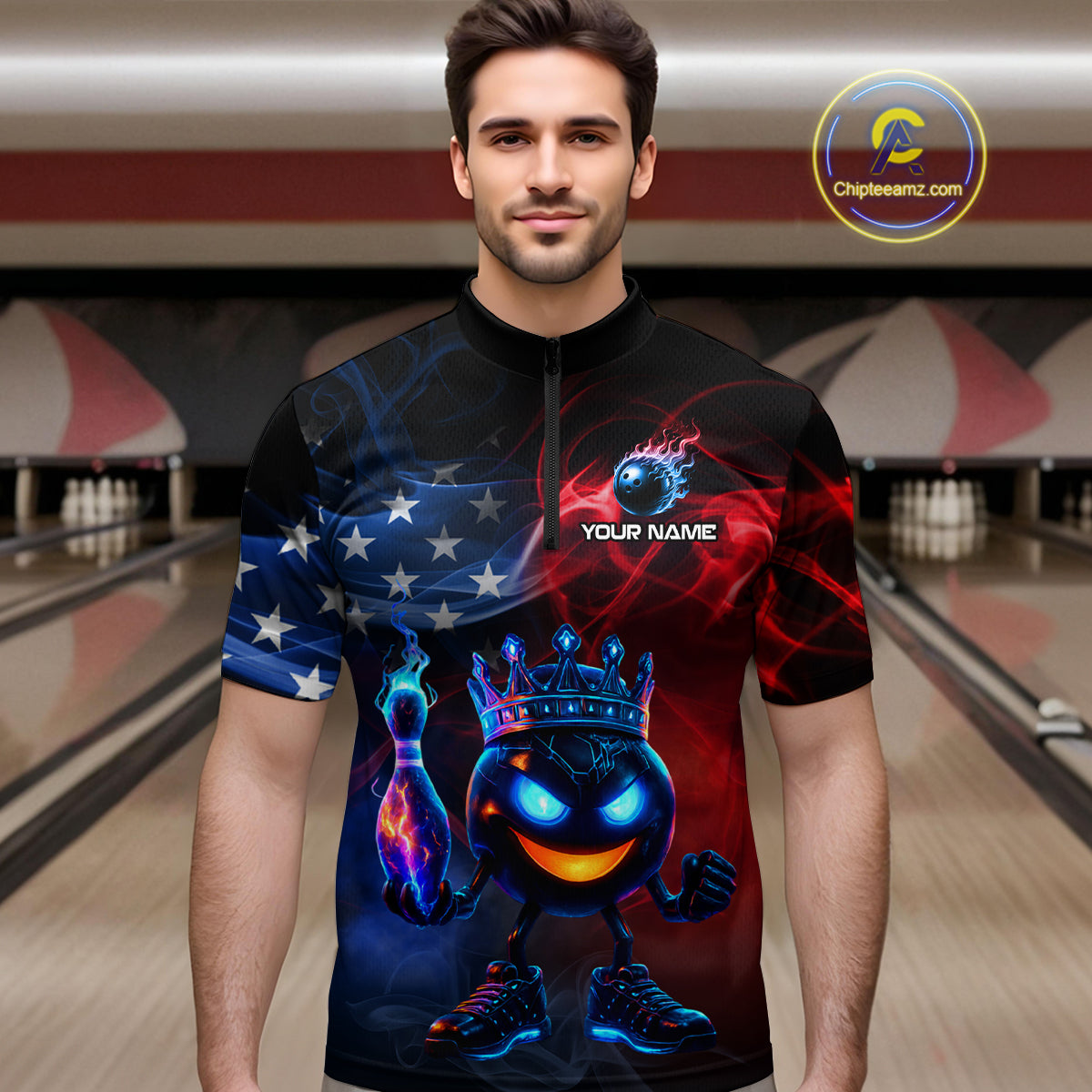 Custom American Flag Bowling Shirt Hero Bowling Ball Pin Polo & 1/4 Zip Bowling Jersey for Men QZT800