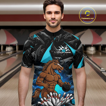 Custom Turquoise Funny Horse Bowling Jersey for Men Bowling Team Shirts Bowling League Polo & 1/4 Zip HNT183