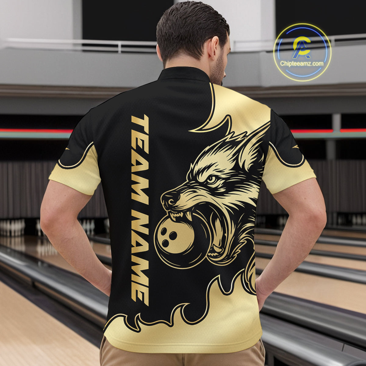 Gold Wolf Bowling Shirts for Team Women Men Custom Wolf Bowling Polo & Quarter Zip MBL194