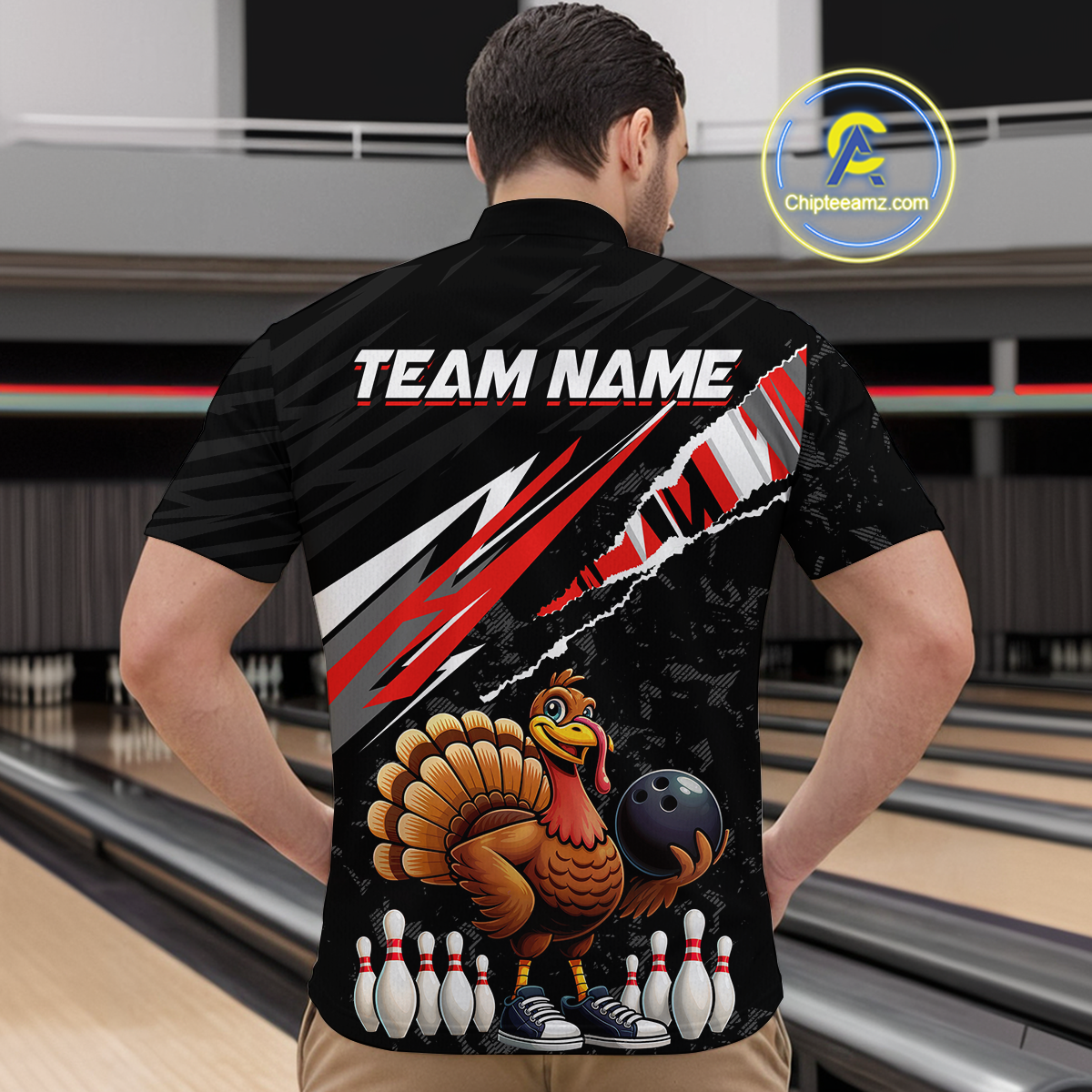 Custom Red Funny Turkey Bowling Jersey for Men Thanksgiving Bowling Shirts Polo & 1/4 Zip HNT117