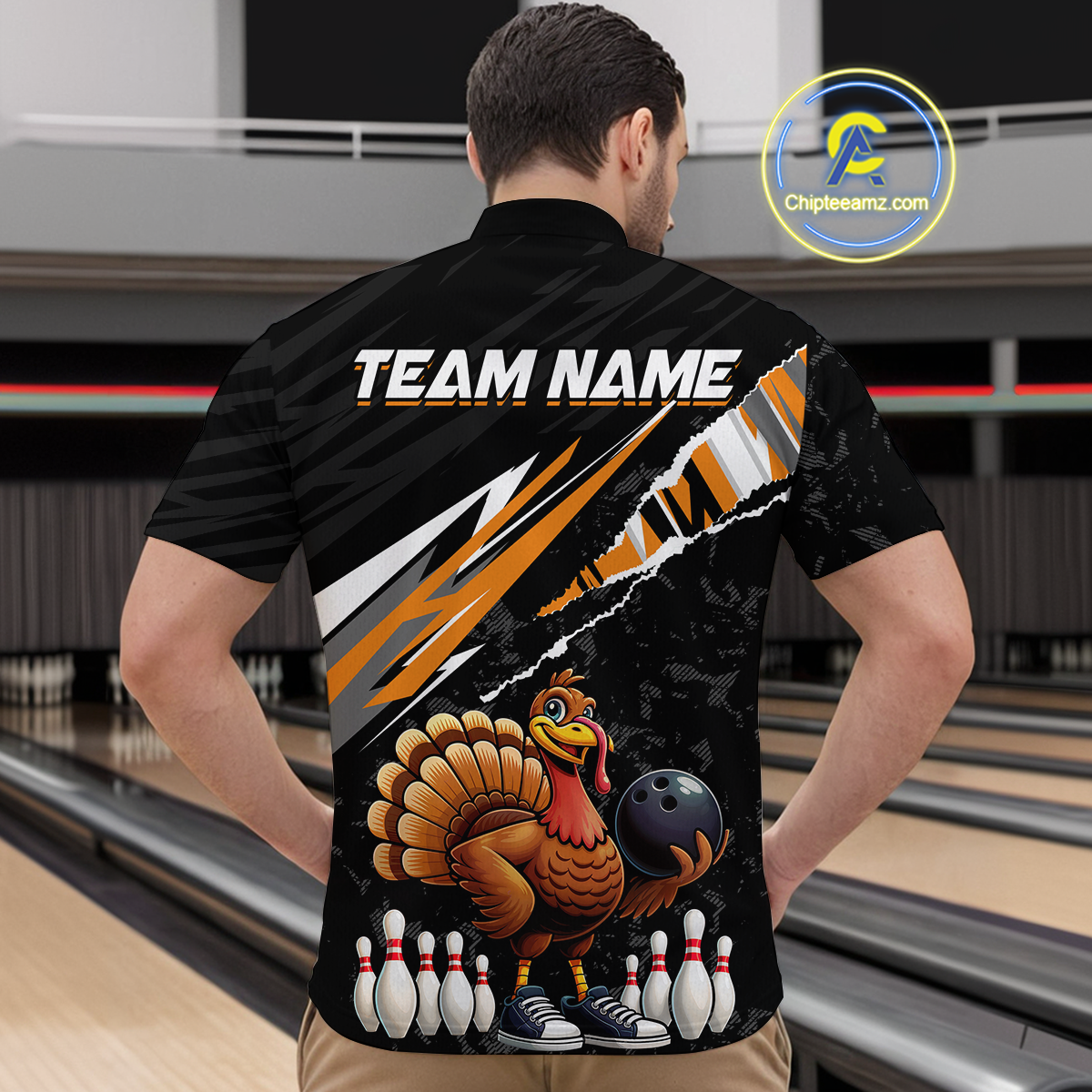 Custom Orange Funny Turkey Bowling Jersey for Men Thanksgiving Bowling Shirts Polo & 1/4 Zip HNT117