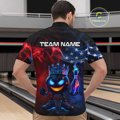 Custom American Flag Bowling Shirt Hero Bowling Ball Pin Polo & 1/4 Zip Bowling Jersey for Men QZT800