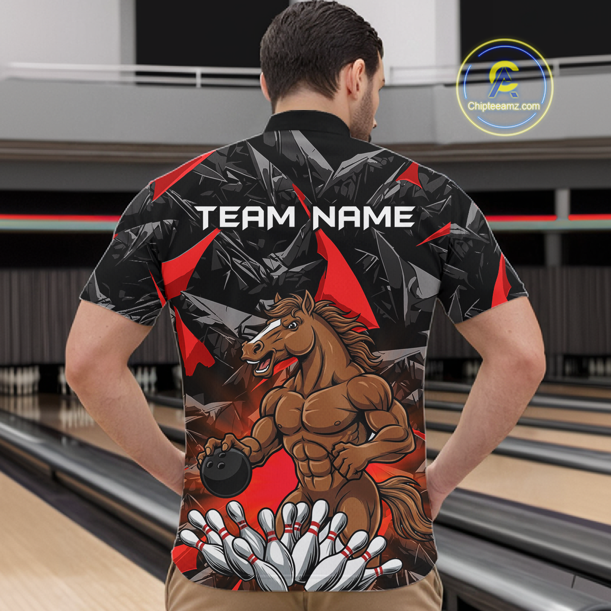 Custom Red Funny Horse Bowling Jersey for Men Bowling Team Shirts Bowling League Polo & 1/4 Zip HNT183