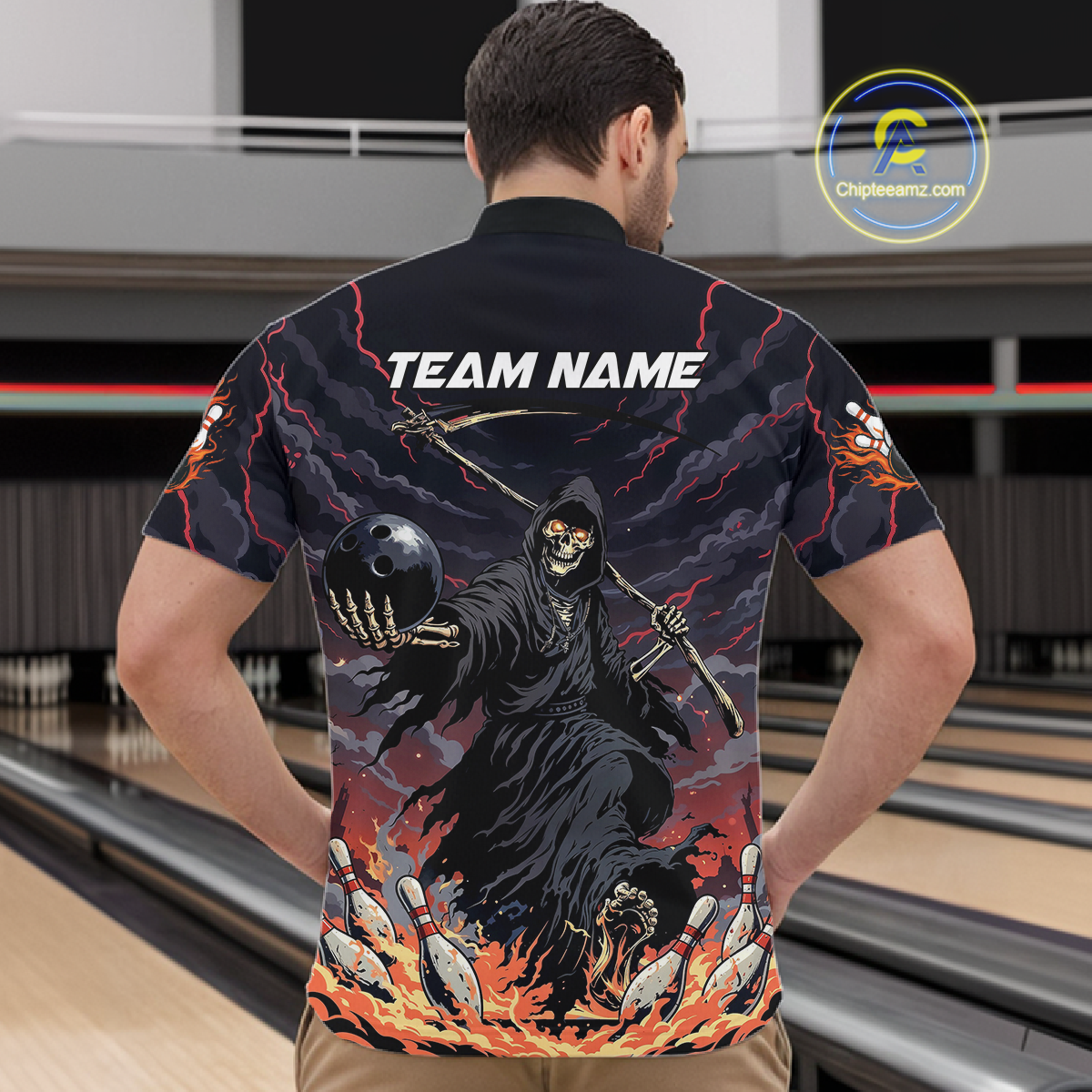 Custom Grim Reaper Flame Bowling Jersey for Men Bowling Team Shirts Polo & 1/4 Zip HNT193