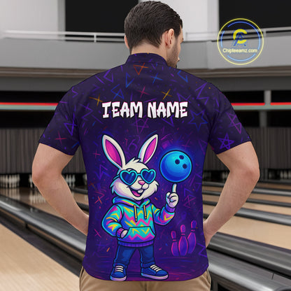 Custom Neon Funny Bunny Bowling Team Shirt Polo & 1/4 Zip Bowling Jersey for Men QZT789