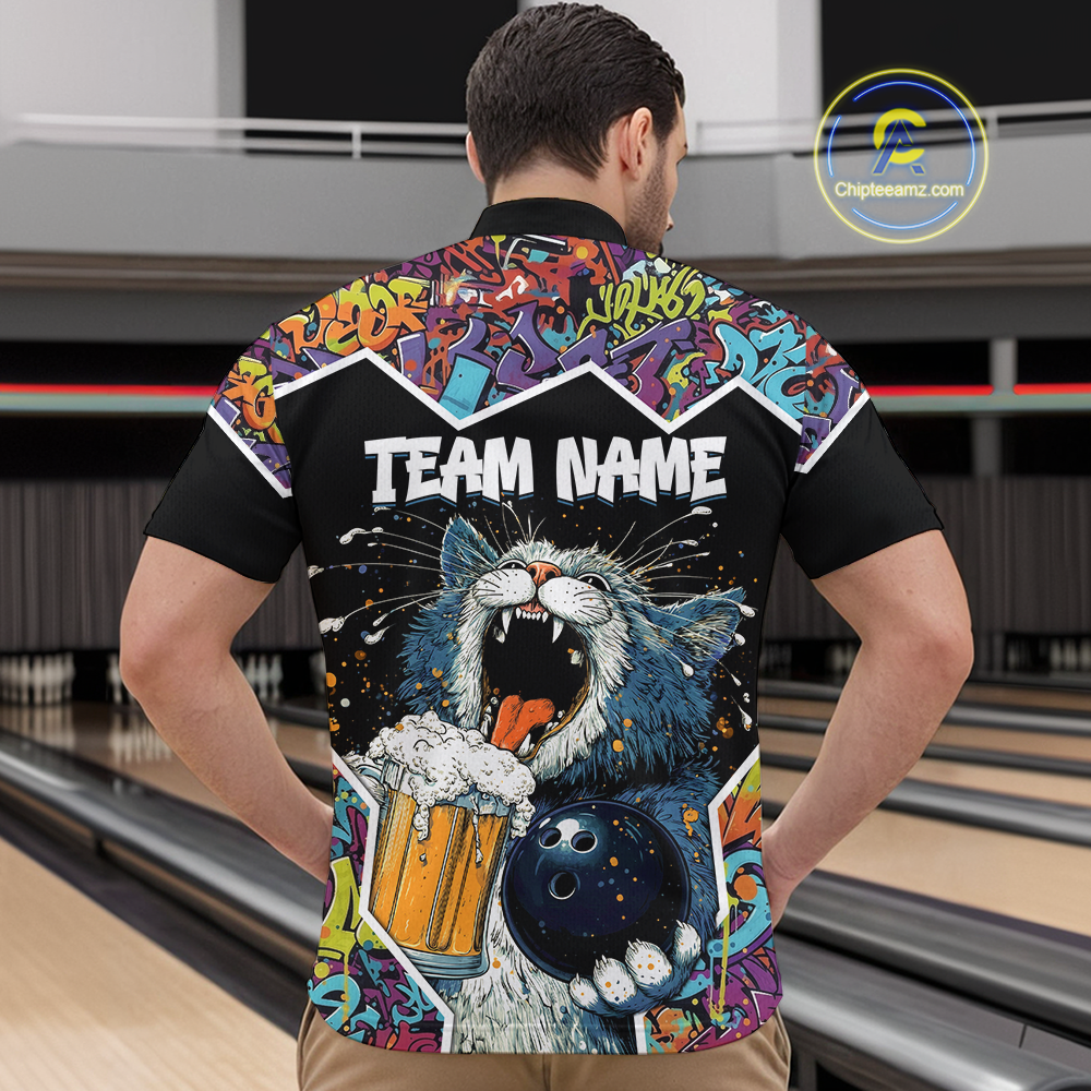 Custom Funny Cat Beer Bowling Jersey for Men Polo & 1/4 Zip Bowling Team Shirts HNT146