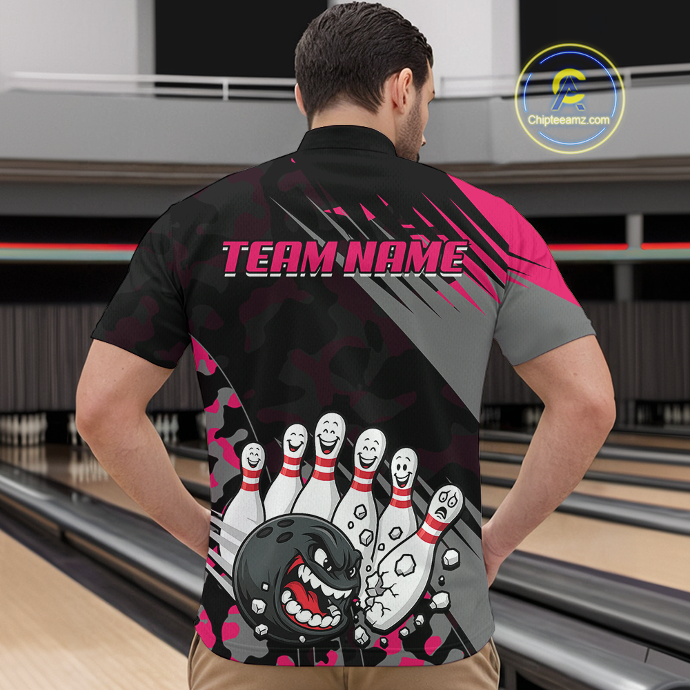 Custom Pink Funny Bowling Shirt Crazy Bowling Jersey Men Polo & 1/4 Zip Bowling Outfit QZT785