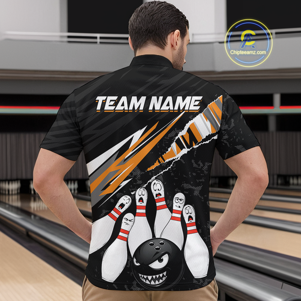 Custom Orange Funny Bowling Jersey for Men Bowling Uniform Polo & 1/4 Zip Bowling Team Shirts HNT128