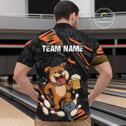 Custom Orange Funny Bulldog & Beer Bowling Shirt Men Bowling Team Jersey League Polo & 1/4 Zip QZT812