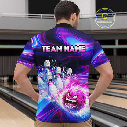 Custom Purple Blue Crazy Bowling Shirt for Men Polo & 1/4-Zip Bowling League Outfit QZT831