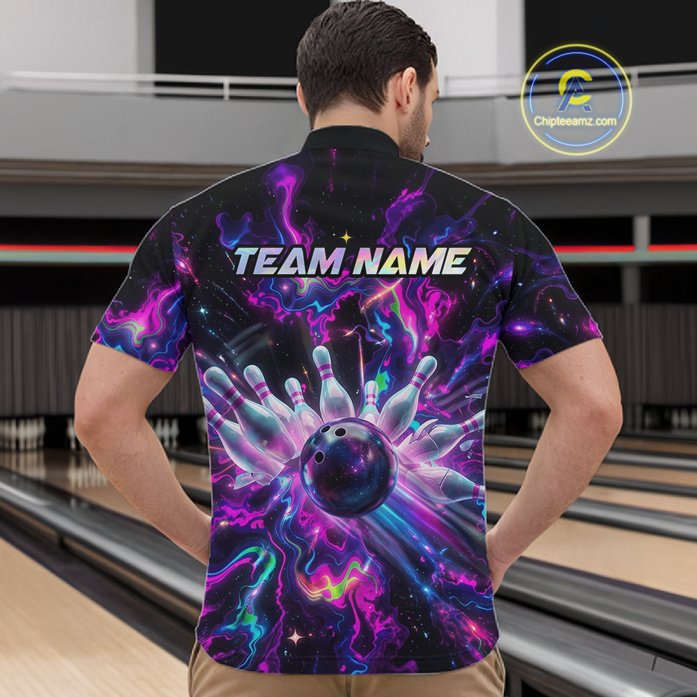 Custom Watercolor Pink Purple Bowling Jersey for Men Bowling Team Shirts Polo & 1/4 Zip HNT268
