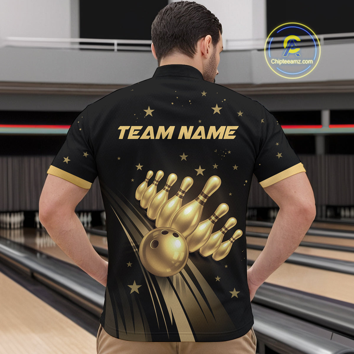 Custom Black and Gold Bowling Jersey for Men Bowling Team Shirts Bowling Uniform Polo & 1/4 Zip HNT176