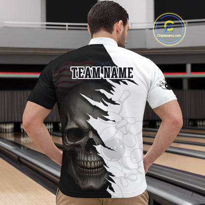 Custom Black White Skull Bowling Jersey for Men Bowling Polo & 1/4 Zip Bowling Team Shirts HNT111