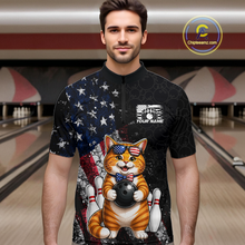 Load image into Gallery viewer, Man wearing a bowling shirt with a cat design in a bowling alley