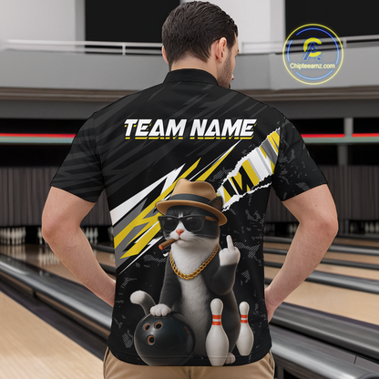 Custom Yellow Funny Cat Bowling Jersey for Men Bowling Shirt Polo & 1/4 Zip Bowling Team Shirts HNT136