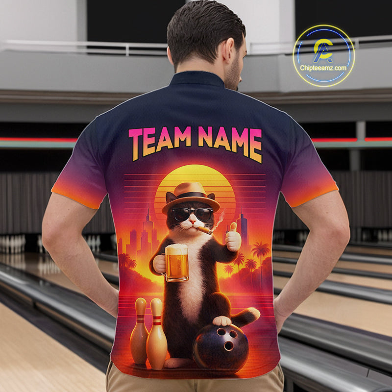 Custom Beer Cat Retro Bowling Shirt for Men Cat Funny Beer Bowling Team Jersey Polo &1/4 Zip HNT275