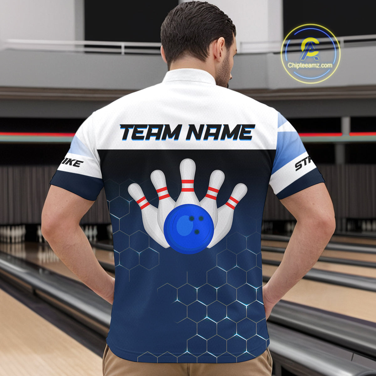 White and Blue Bowling Shirts for Men Women Team Custom Bowling Polo & Quarter Zip MBL105