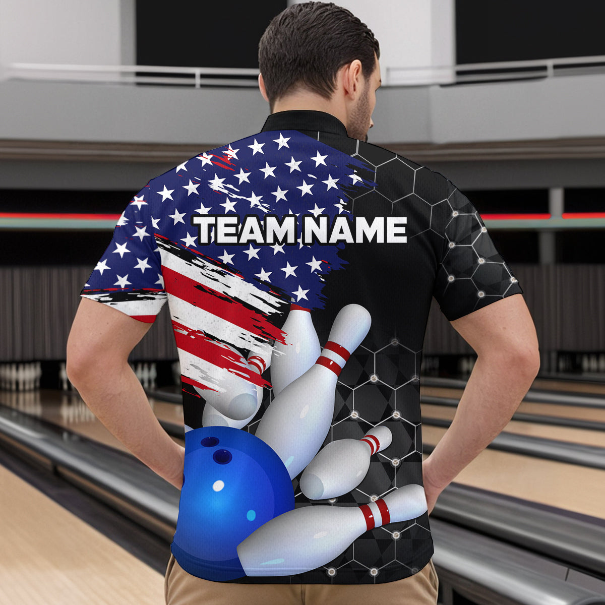 American Flag Bowling Shirts for Men Women Patriotic Bowling Jersey Polo&1/4 Zip Shirt MBL09