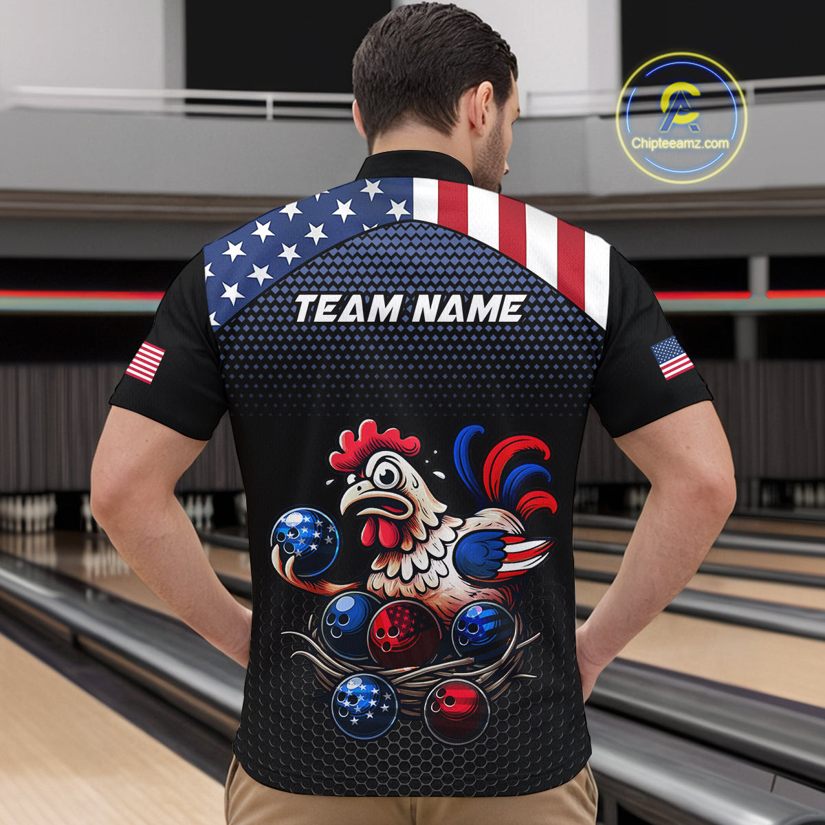 Custom American Flag Funny Chicken Bowling Team Jersey for Men Polo Bowling Shirt Unisex QZT710