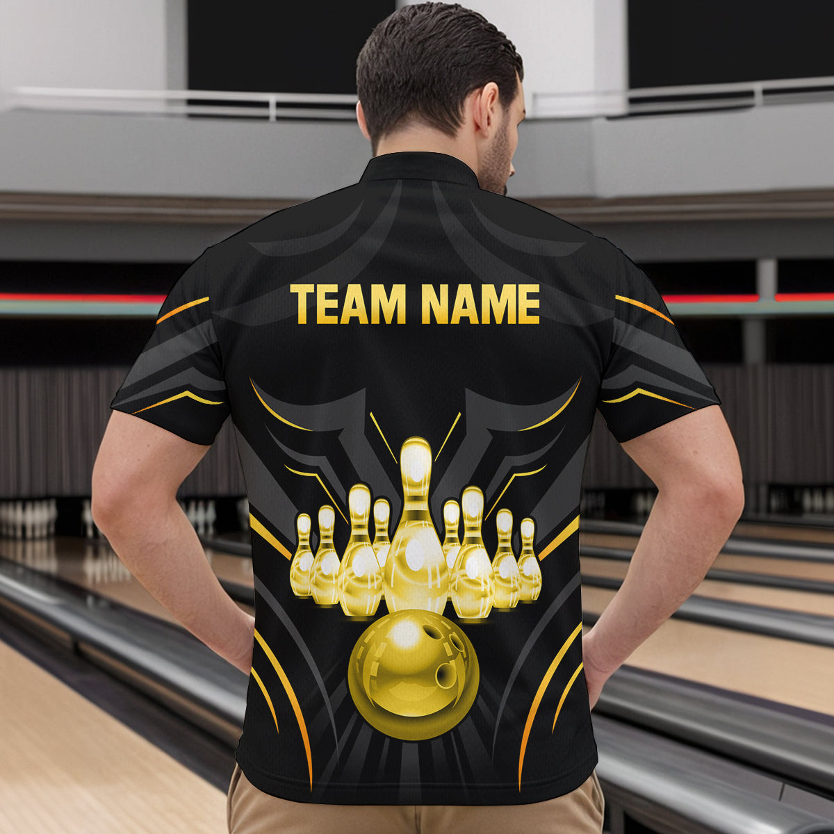 Black and Gold Custom Name Bowling Jerseys For Men Bowling Team Shirts Bowling Pin And Ball HNT26