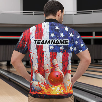 Fire American Flag Bowling Shirt Patriotic Bowling Jersey Men Women Team Polo&1/4 Zip MBL65