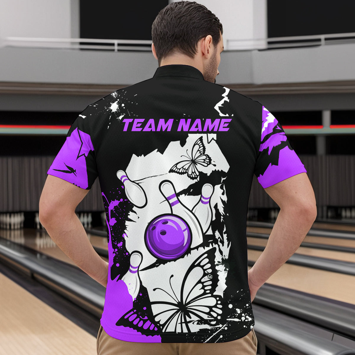 Custom Purple Butterflies Bowling Shirt for Men Women Team Bowling Polo&Quater Zip MBL76