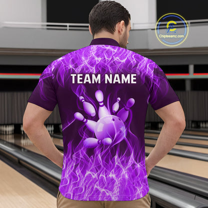 Custom Purple Flame Bowling Jersey for Men Polo & 1/4 Zip Bowling Team Shirts Bowling League HNT150