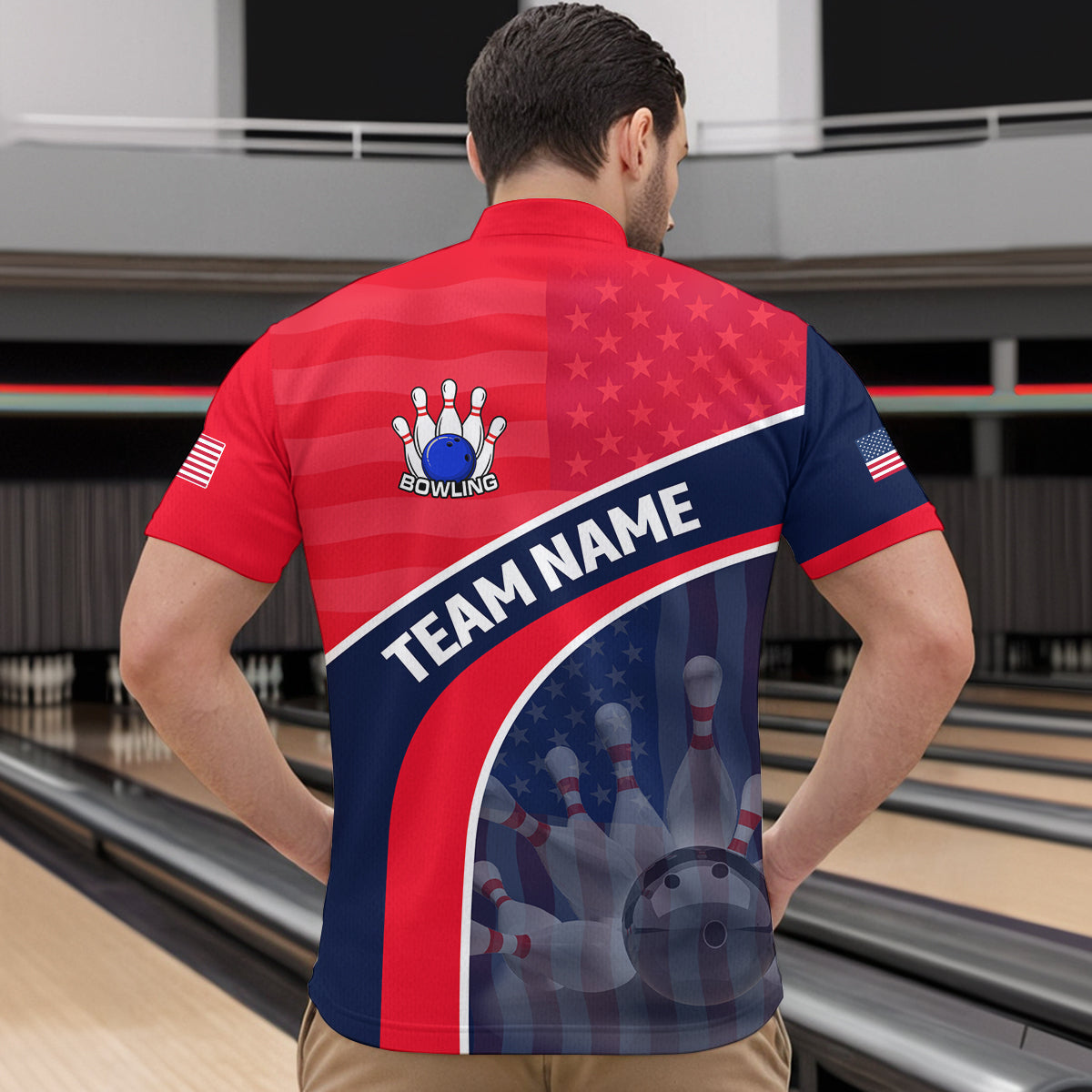 Personalized US Flag Bowling Jersey for Men Bowling Gifts Bowling Team Jersey with Name Polo & 1/4 Zip HNT28