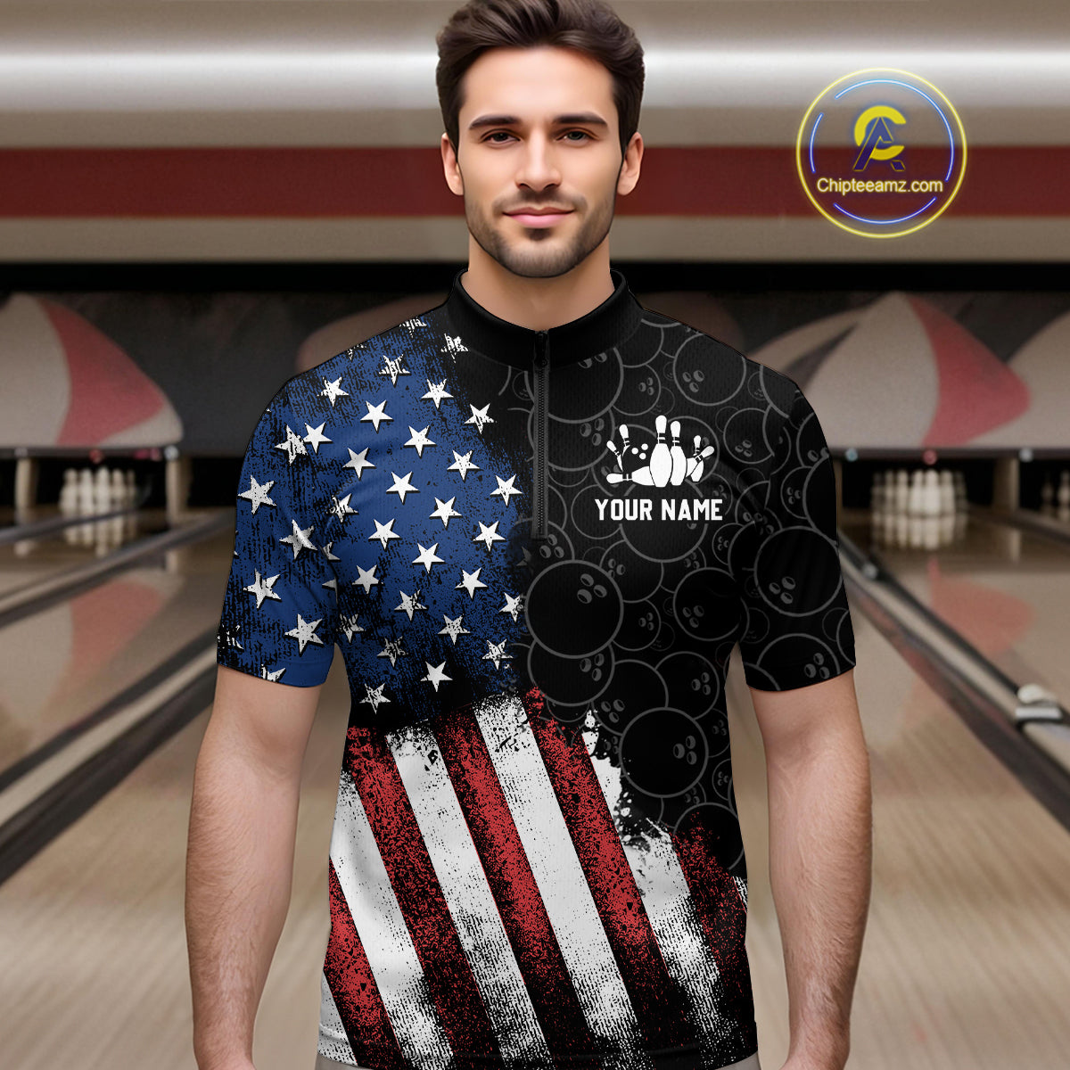 Personalized American Bowling Shirt Quarter-Zip Bowling Jersey Patriotic Bowling Outfit QZT684