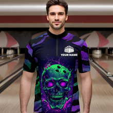 Load image into Gallery viewer, Black &amp; Purple Skull Bowling Jersey Custom Quarter-Zip Bowling Team Shirt for Men Women QZT675