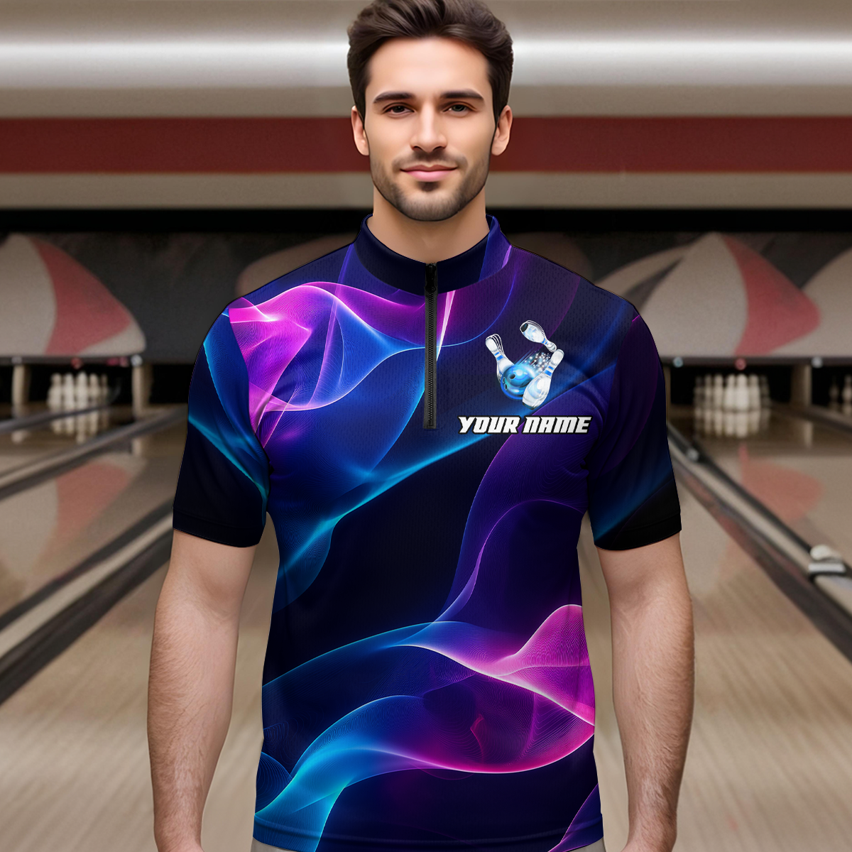 Custom Galaxy Bowling Jersey for Men Polo & 1/4 Zip Bowling Team Shirts Bowling League HNT156