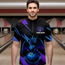Load image into Gallery viewer, Teal And Purple Dragon Bowling Shirt Custom Name Bowling Jersey Team Bowling Quarter-Zip Shirts QZT674