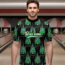 Load image into Gallery viewer, Black Bowling Ball Camo Green Flame Bowling Polo, 1/4 Zip Shirt for Men Custom Bowling Team Jersey NQS9479