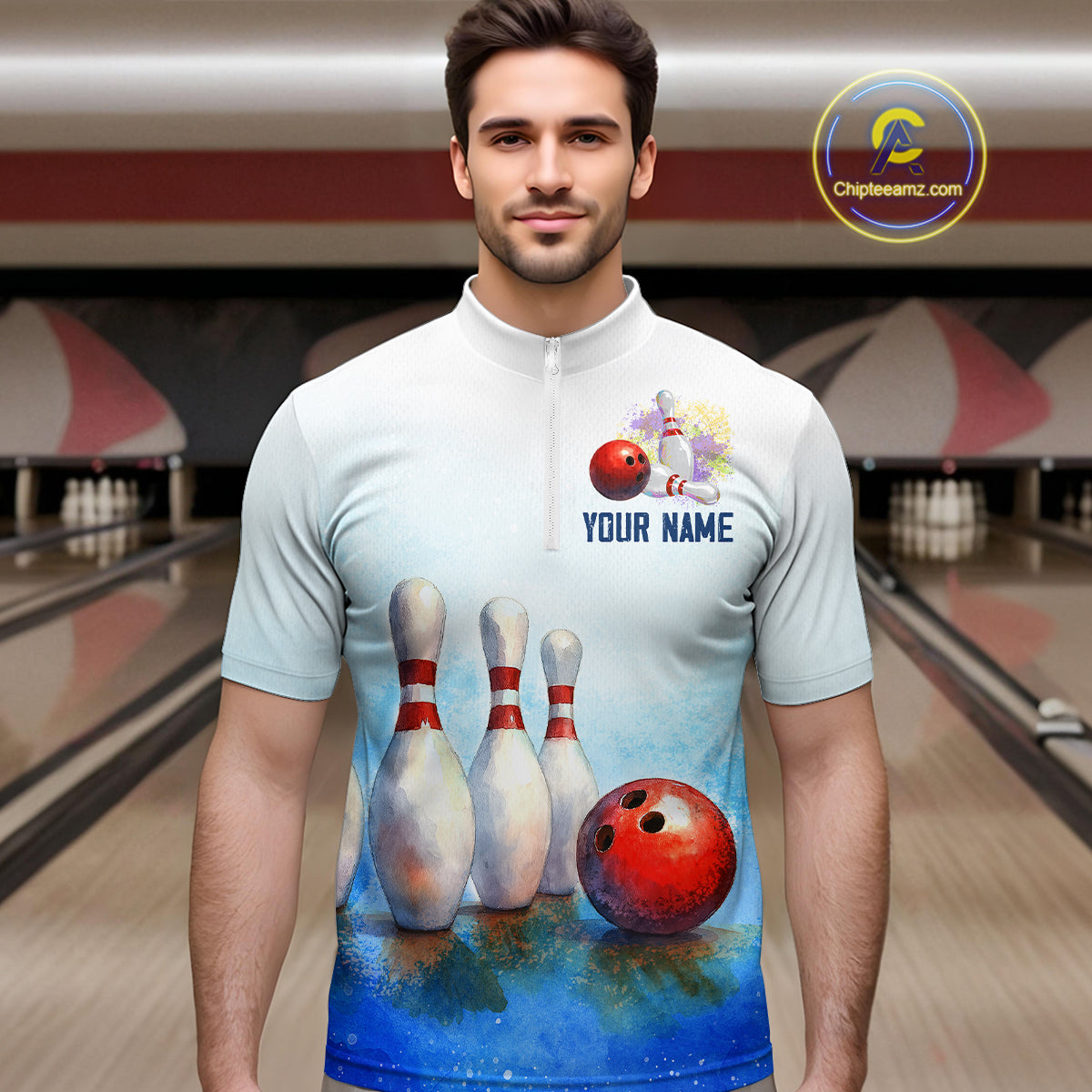 Watercolor Blue Bowling Shirts for Men Women Team Bowling Jersey for Bowlers MBL142