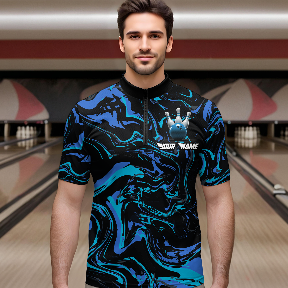 Teal Bowling Custom Men Bowling Shirt Polo & Quarter-Zip Bowling Team Jerseys HNT48