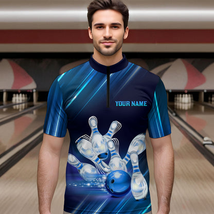 Custom Blue Bowling Jersey for Men Bowling Team Shirts Bowling Uniform Polo & 1/4 Zip HNT162