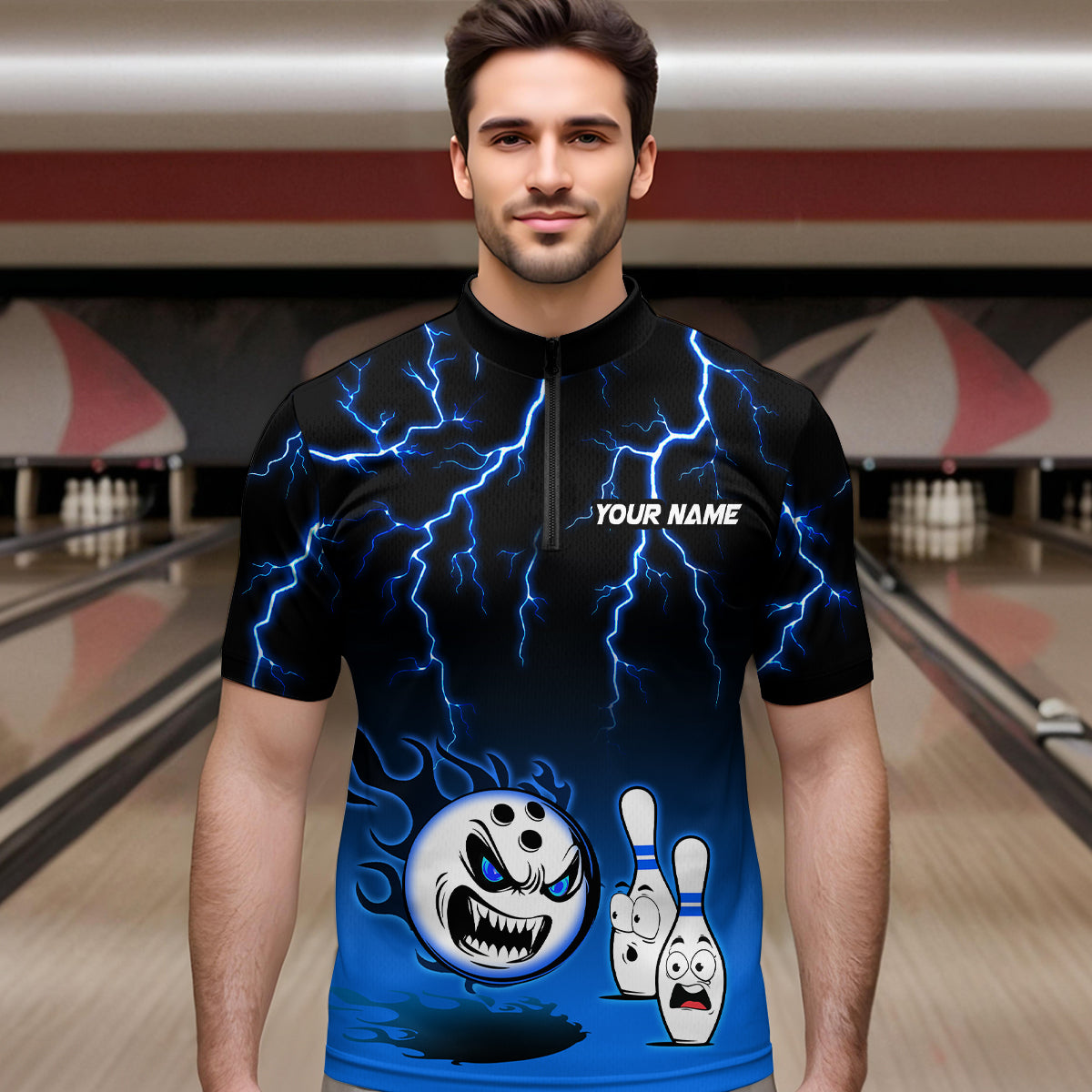 Blue Funny Crazy Bowling Shirt for Men Bowling Jersey Shirts Polo & Quarter- Zip Bowling League HNT17