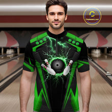 Load image into Gallery viewer, Black Men bowling Polo, Quarter Zip shirt Custom lightning thunder team league bowling jersey | Green NQS10374