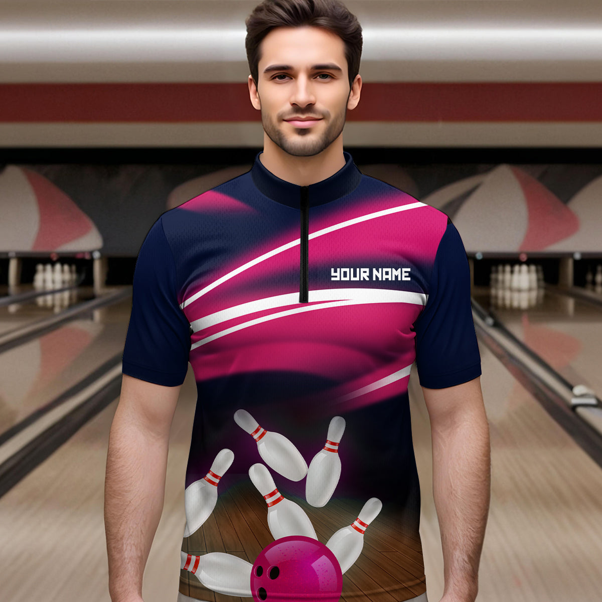 Custom Pink Bowling Jersey Bowling Team Shirts For Men Bowling League Polo & 1/4 Zip HNT163