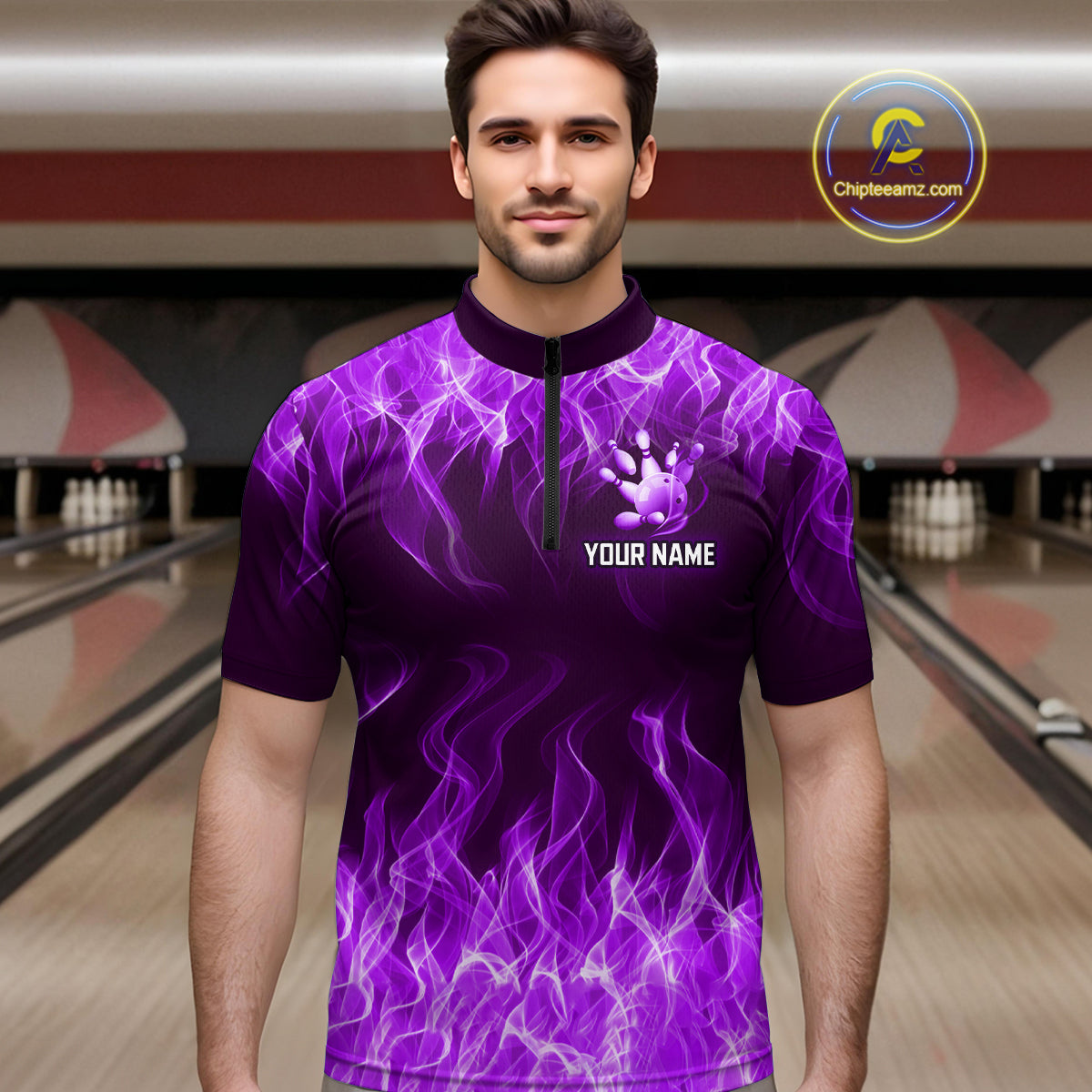 Custom Purple Flame Bowling Jersey for Men Polo & 1/4 Zip Bowling Team Shirts Bowling League HNT150