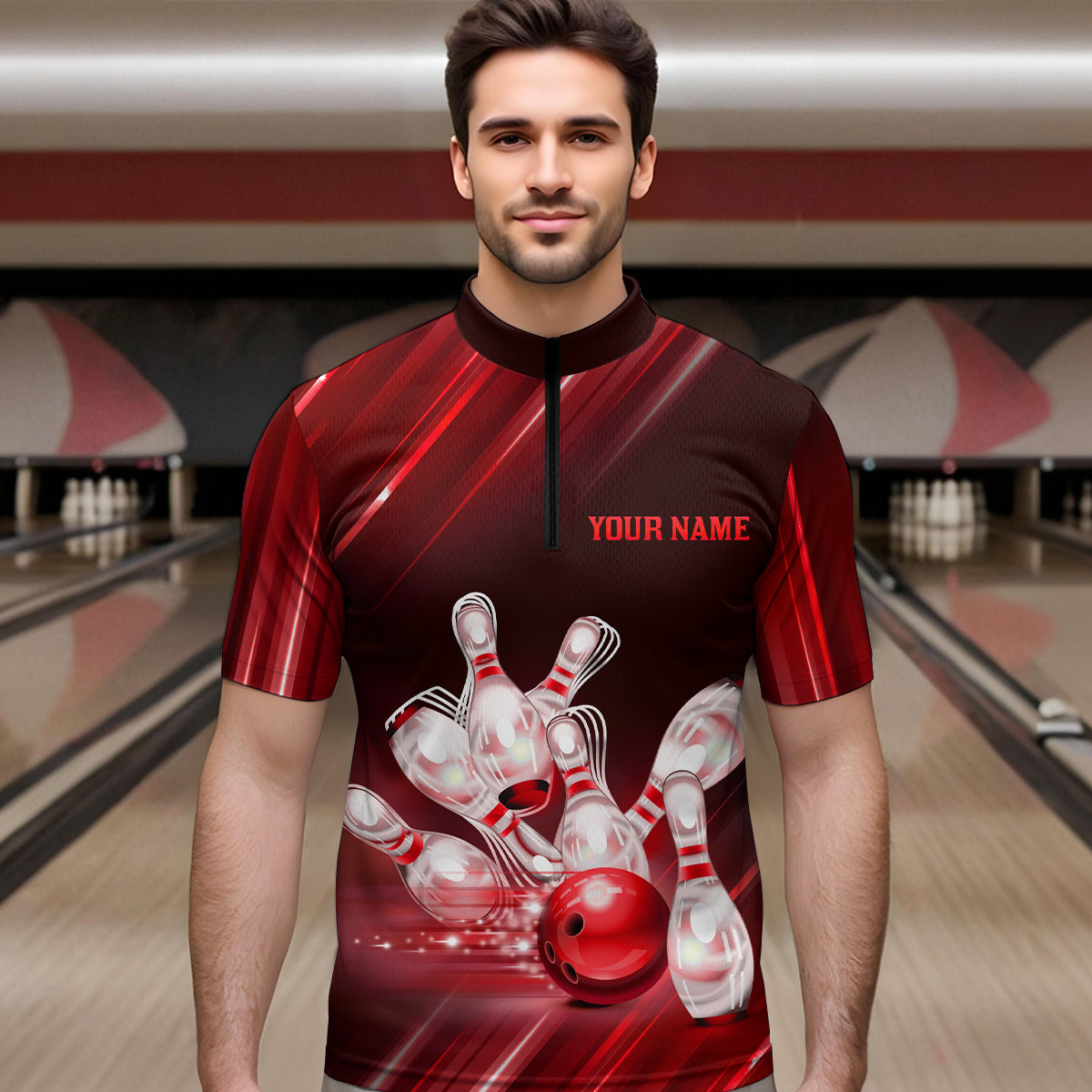 Custom Red Bowling Jersey for Men Bowling Team Shirts Bowling Uniform Polo & 1/4 Zip HNT162